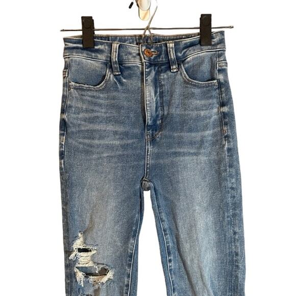 American Eagle Blue Distressed Shark Bite Fringe Classic Denim Jeans Women Sz 0R - Picture 3 of 11